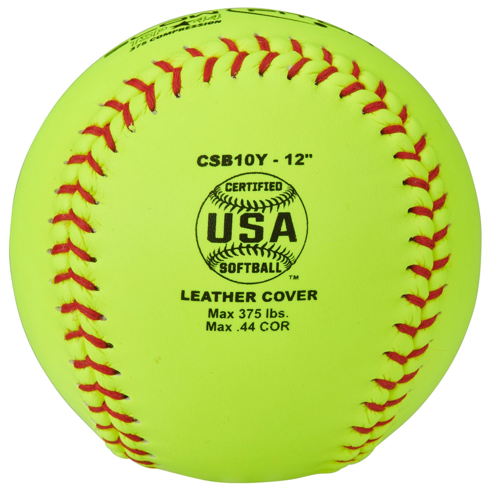 ASA/USA SOFTBALL 12" SLOW PITCH - YELLOW LEATHER COVER .44 COR - CSB10Y